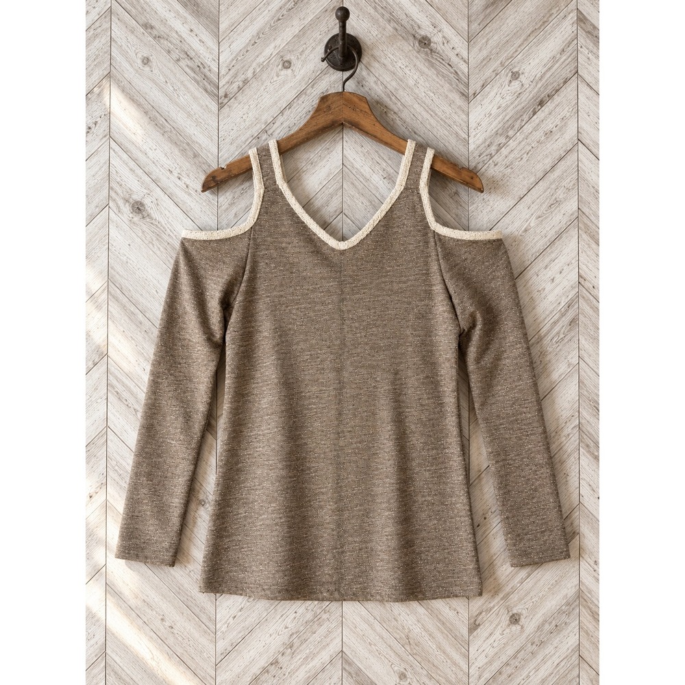 Weston Cold Shoulder Metallic Lurex V-Neck Top Brown Size M